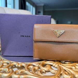 Prada Brown Saffiano Leather Triangular Logo flap Wallet